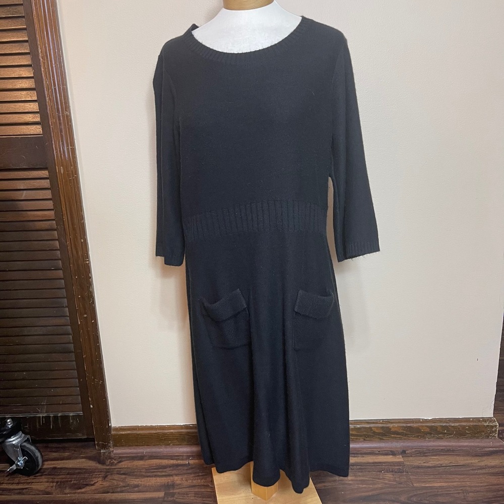 New Directions Womens XL Black Knit‎ Sweater Dress Midi Ribbed Waist Pockets